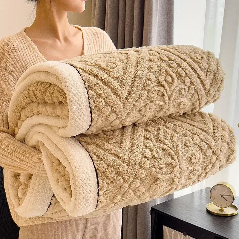 Beige carved velvet warmth blanket – bedroom plush sofa throw cover