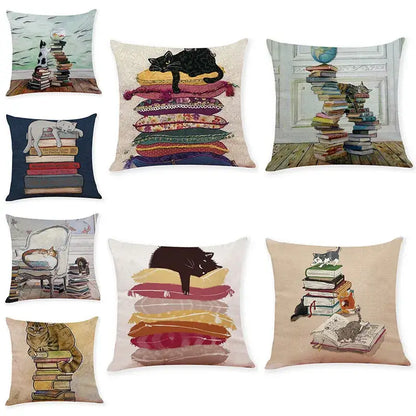 Beige cat and books cushion cover living room pillow case 45x45cm