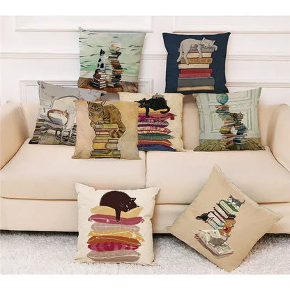 Beige cat and books cushion cover living room pillow case 45x45cm