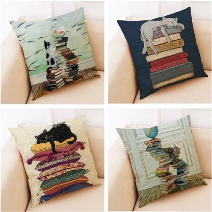 Beige cat and books cushion cover living room pillow case 45x45cm
