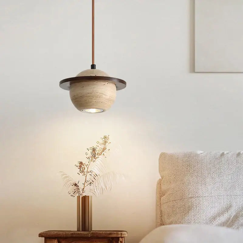 Beige cave stone led pendant light with wood ring for living room