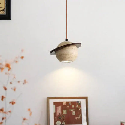 Beige cave stone led pendant light with wood ring for living room