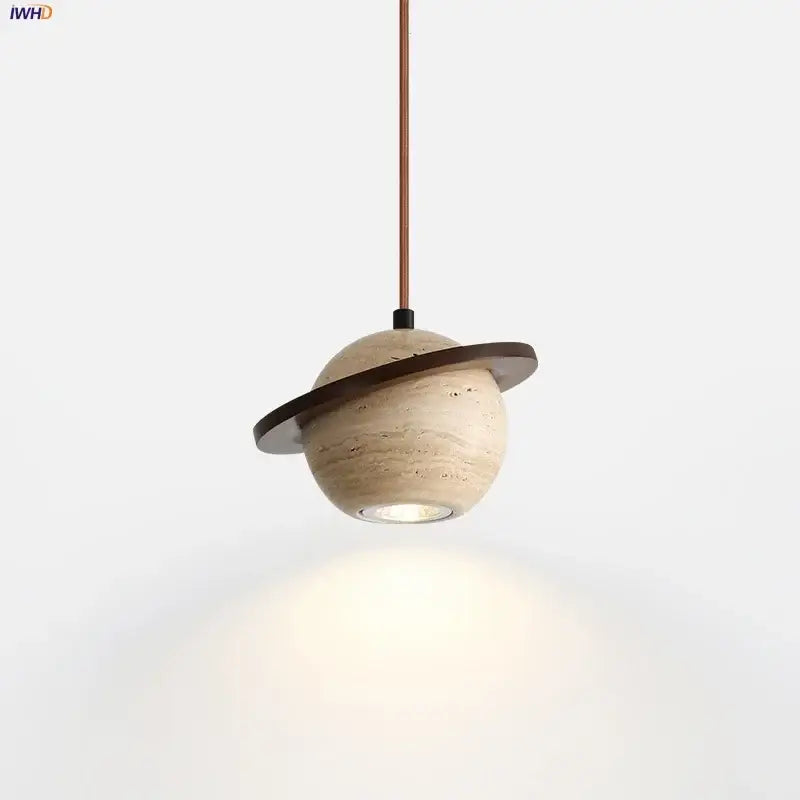Beige cave stone led pendant light with wood ring for living room