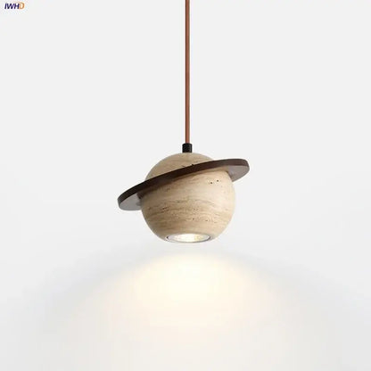 Beige cave stone led pendant light with wood ring for living room