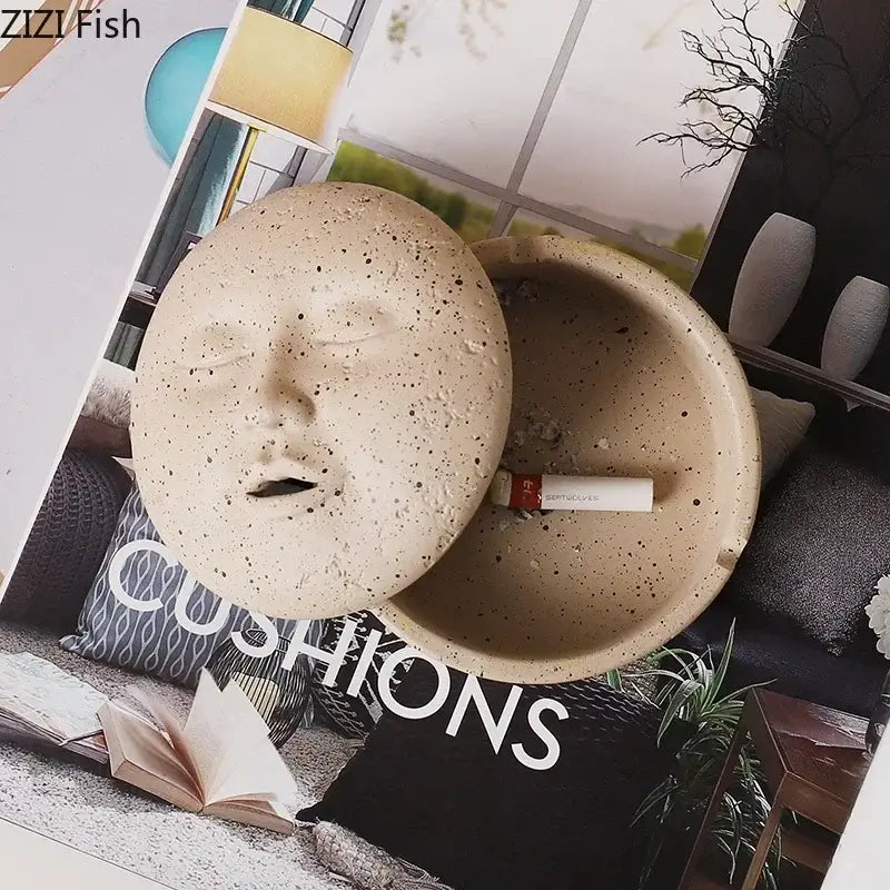 Beige ceramic human face character ashtray with lid office decor