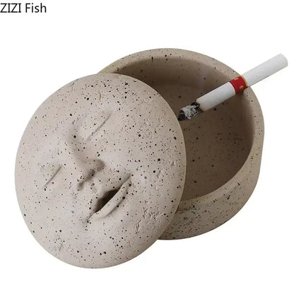 Beige ceramic human face character ashtray with lid office decor