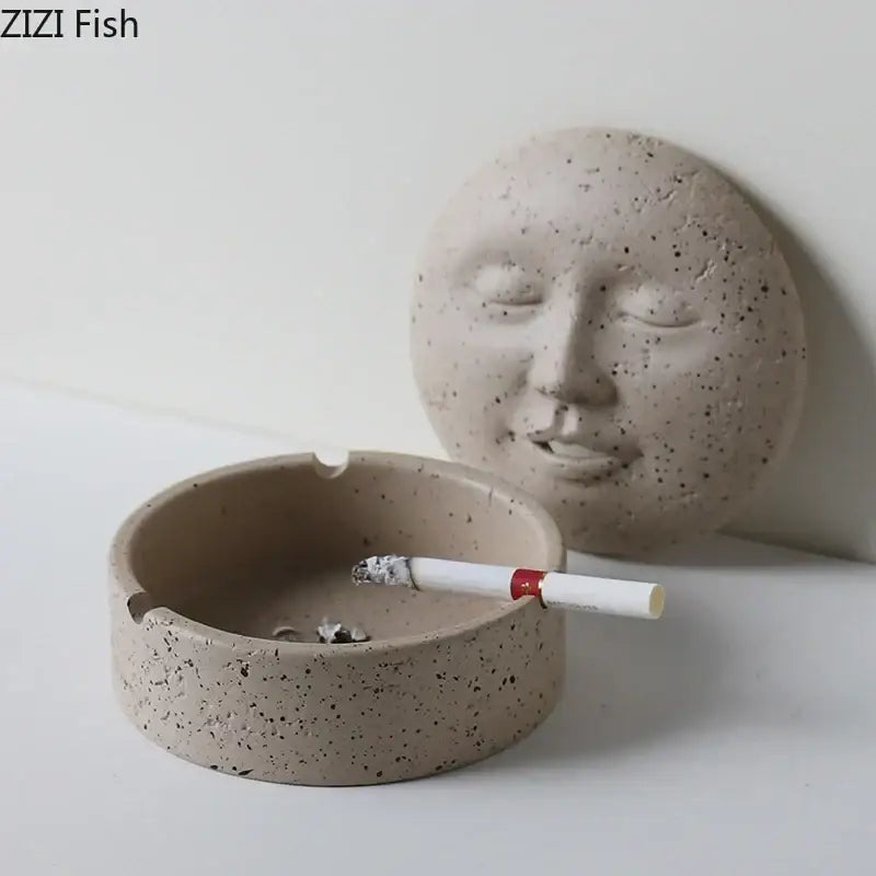 Beige ceramic human face character ashtray with lid office decor