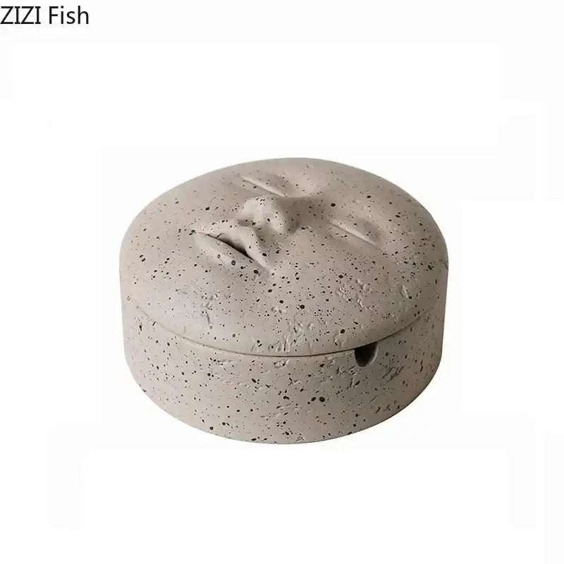 Beige ceramic human face character ashtray with lid office decor