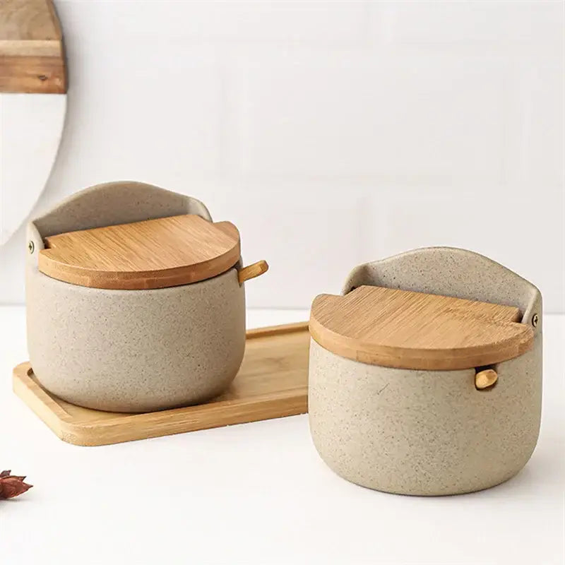Beige ceramic seasoning jar set with bamboo lid kitchen shaker