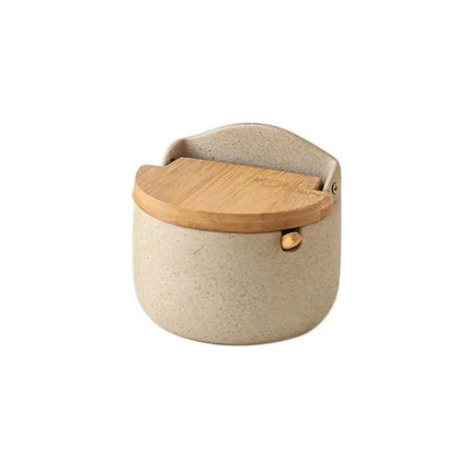 Beige ceramic seasoning jar set with bamboo lid kitchen shaker