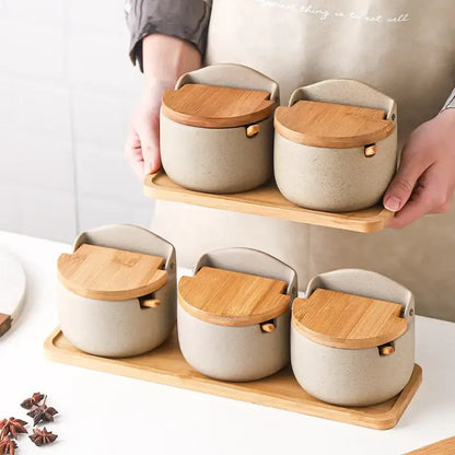 Beige ceramic seasoning jar set with bamboo lid kitchen shaker