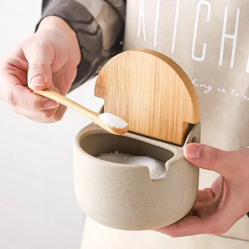 Beige ceramic seasoning jar set with bamboo lid kitchen shaker