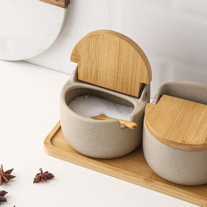 Beige ceramic seasoning jar set with bamboo lid kitchen shaker