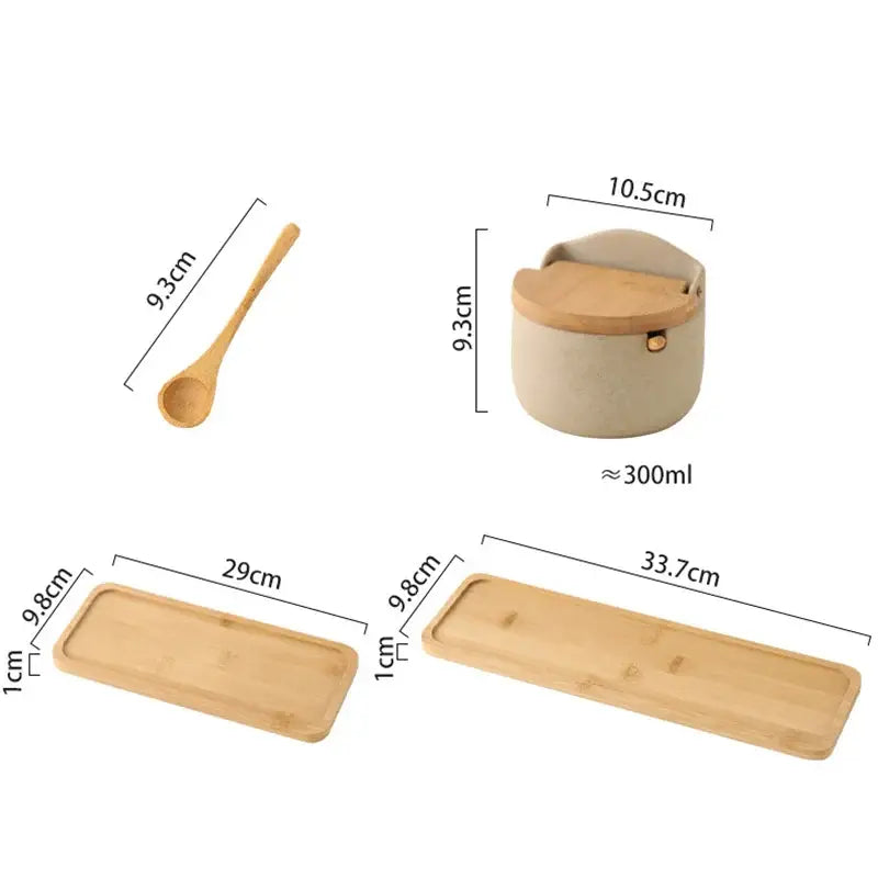 Beige ceramic seasoning jar set with bamboo lid kitchen shaker