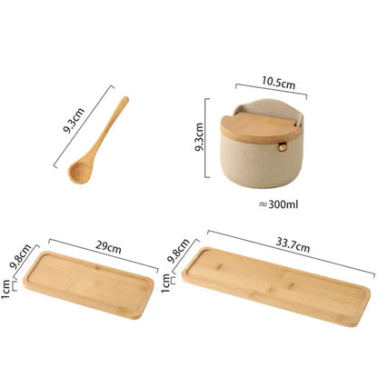 Beige ceramic seasoning jar set with bamboo lid kitchen shaker