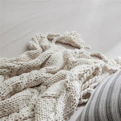 Beige chunky knit tassel blanket bedroom soft plaid throw