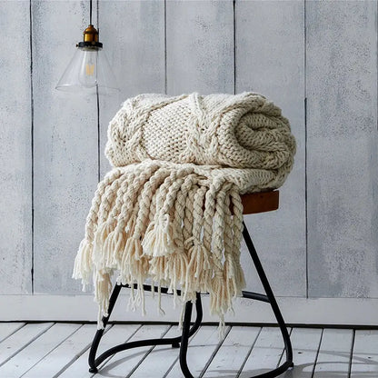 Beige chunky knit tassel blanket bedroom soft plaid throw