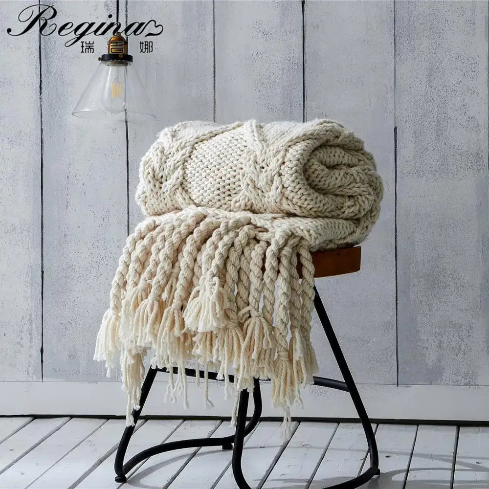 Beige chunky knit tassel blanket bedroom soft plaid throw