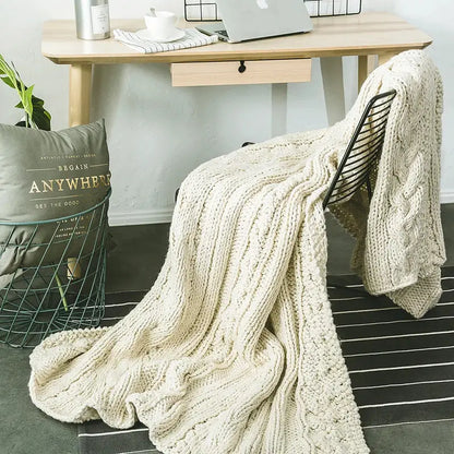 Beige chunky knit tassel blanket bedroom soft plaid throw