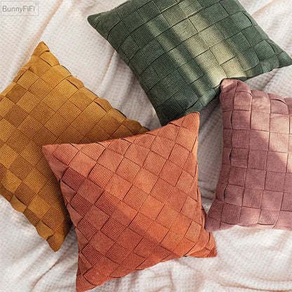 Beige corduroy woven diamond pillow cover living room bedroom