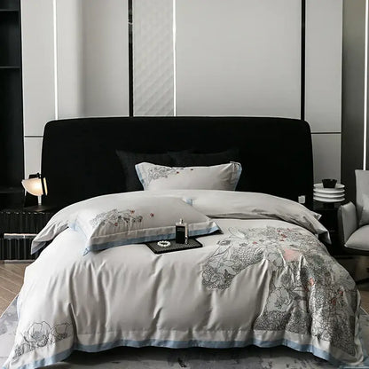 Beige cotton flowers horse embroidery bedding set bedroom decor