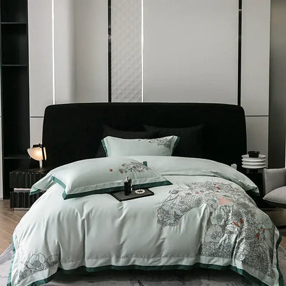Beige cotton flowers horse embroidery bedding set bedroom decor