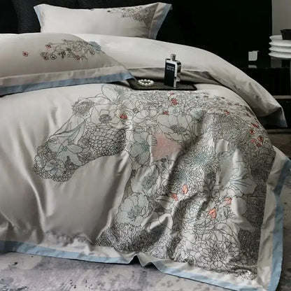 Beige cotton flowers horse embroidery bedding set bedroom decor