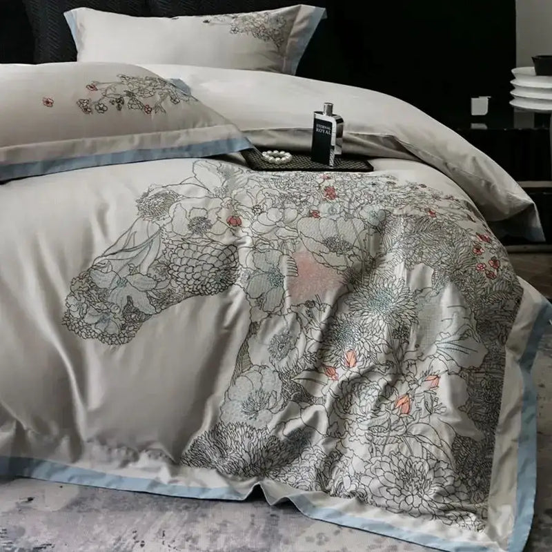 Beige cotton flowers horse embroidery bedding set bedroom decor