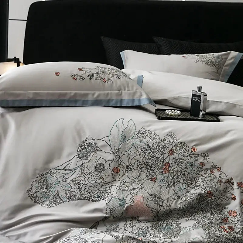 Beige cotton flowers horse embroidery bedding set bedroom decor