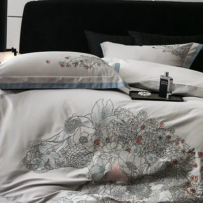 Beige cotton flowers horse embroidery bedding set bedroom decor