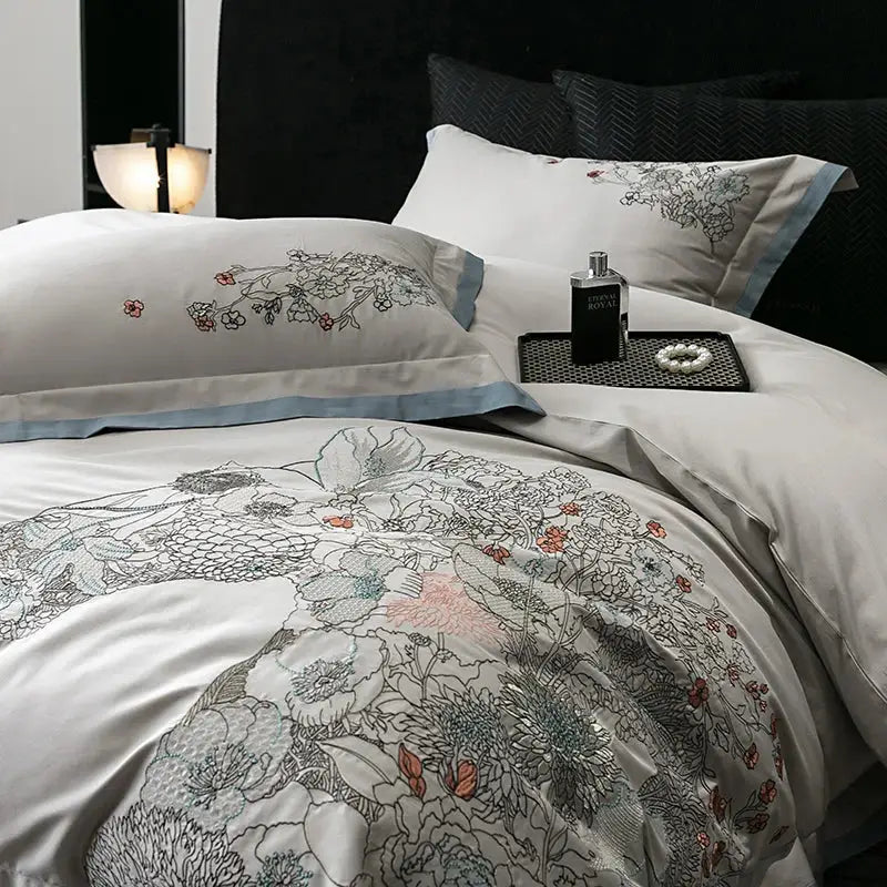 Beige cotton flowers horse embroidery bedding set bedroom decor