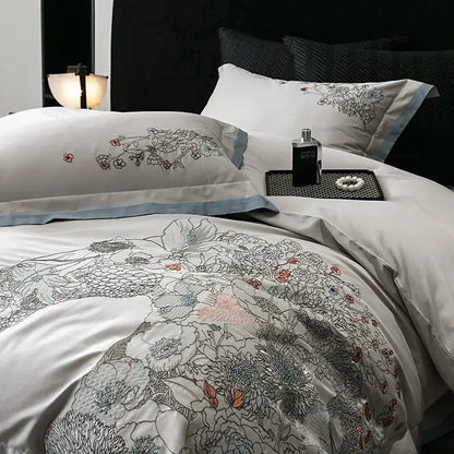 Beige cotton flowers horse embroidery bedding set bedroom decor