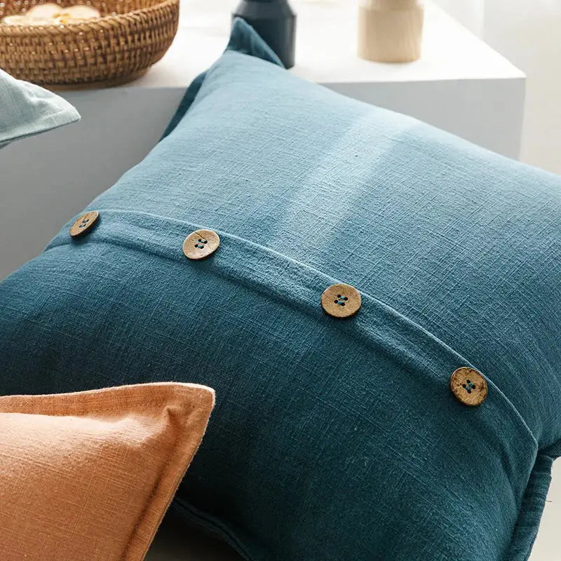 Beige cotton linen cushion cover with buttons for living room decor