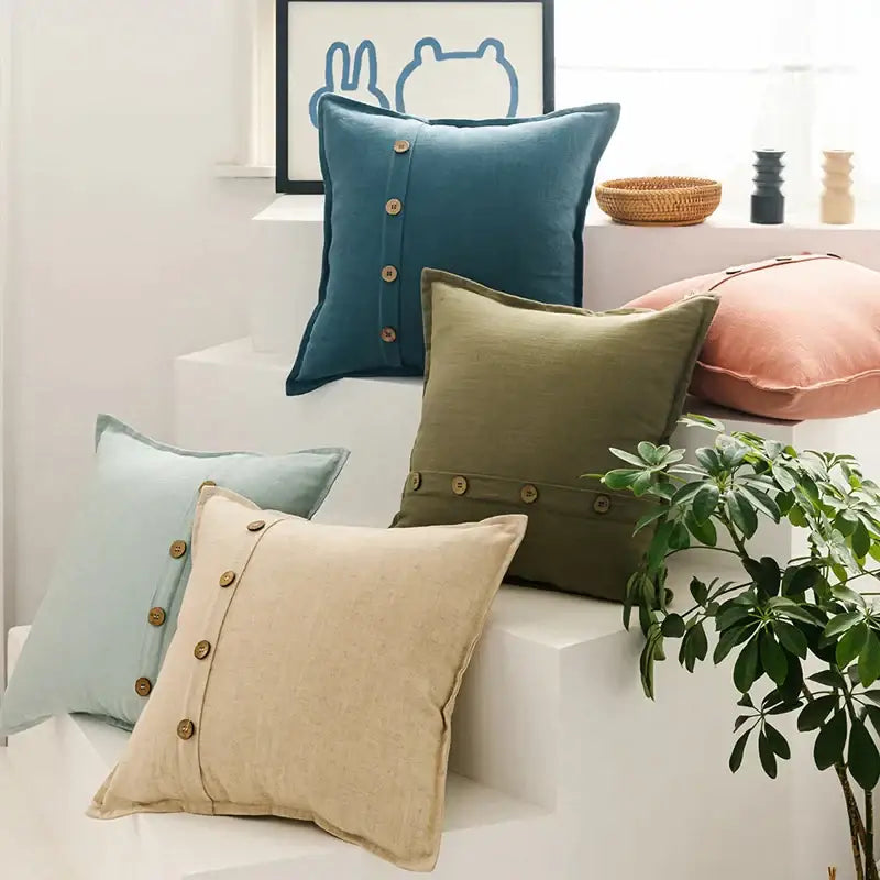 Beige cotton linen cushion cover with buttons for living room decor