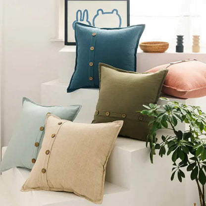 Beige cotton linen cushion cover with buttons for living room decor