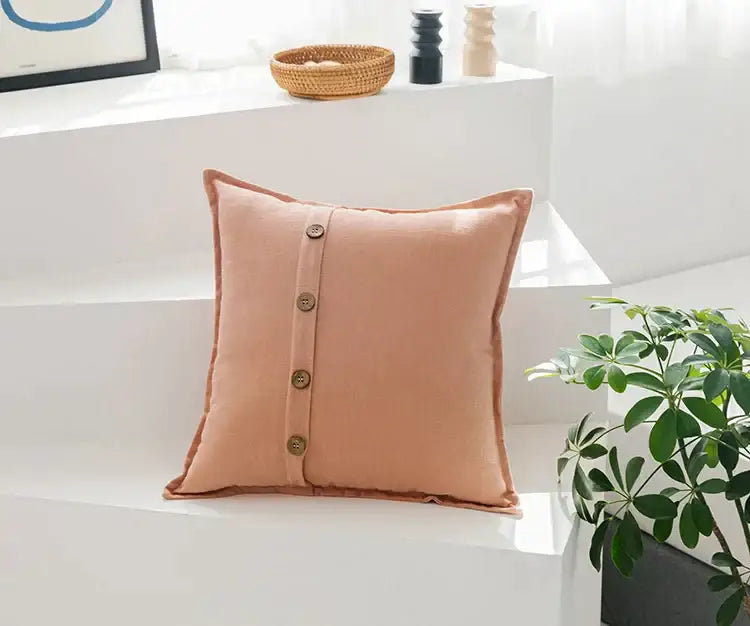 Beige cotton linen cushion cover with buttons for living room decor
