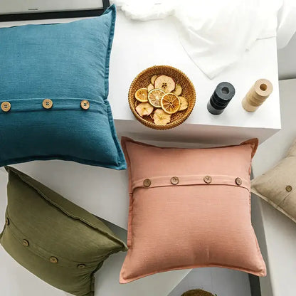 Beige cotton linen cushion cover with buttons for living room decor