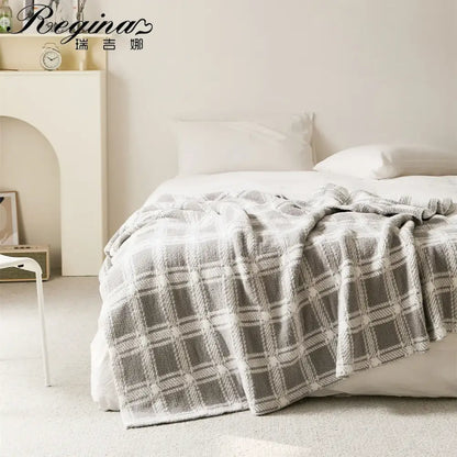 Beige & cream fluffy stripe plaid blanket bedroom microfiber throw