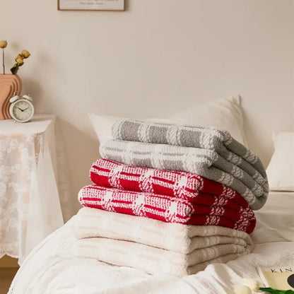 Beige & cream fluffy stripe plaid blanket bedroom microfiber throw