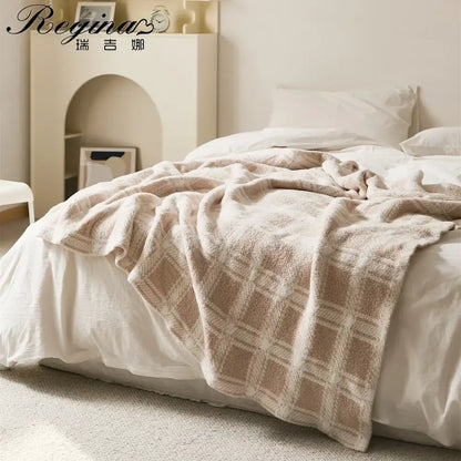 Beige & cream fluffy stripe plaid blanket bedroom microfiber throw