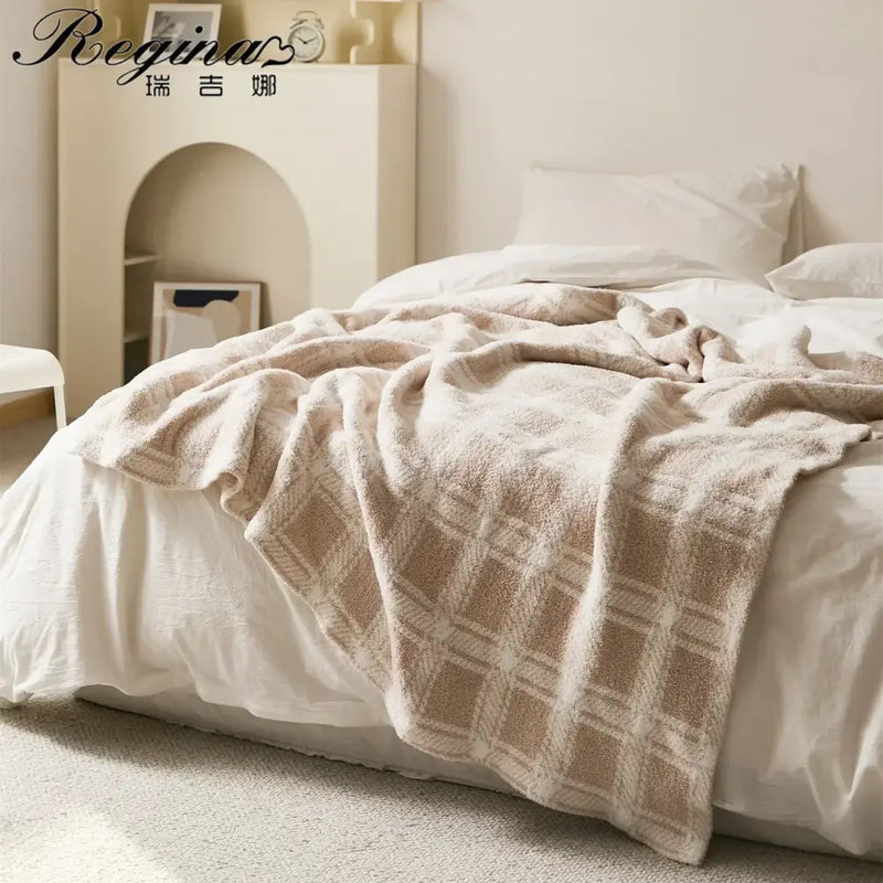 Beige & cream fluffy stripe plaid blanket bedroom microfiber throw