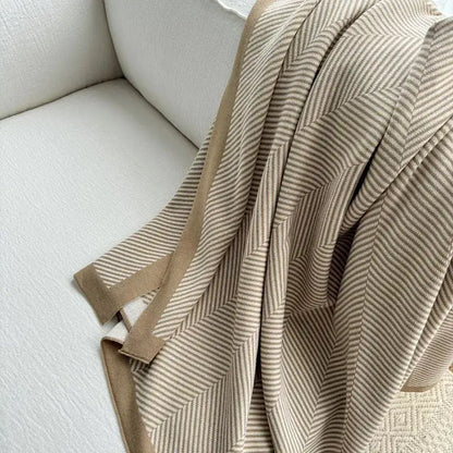 Beige & cream herringbone cozy striped blanket living room throw
