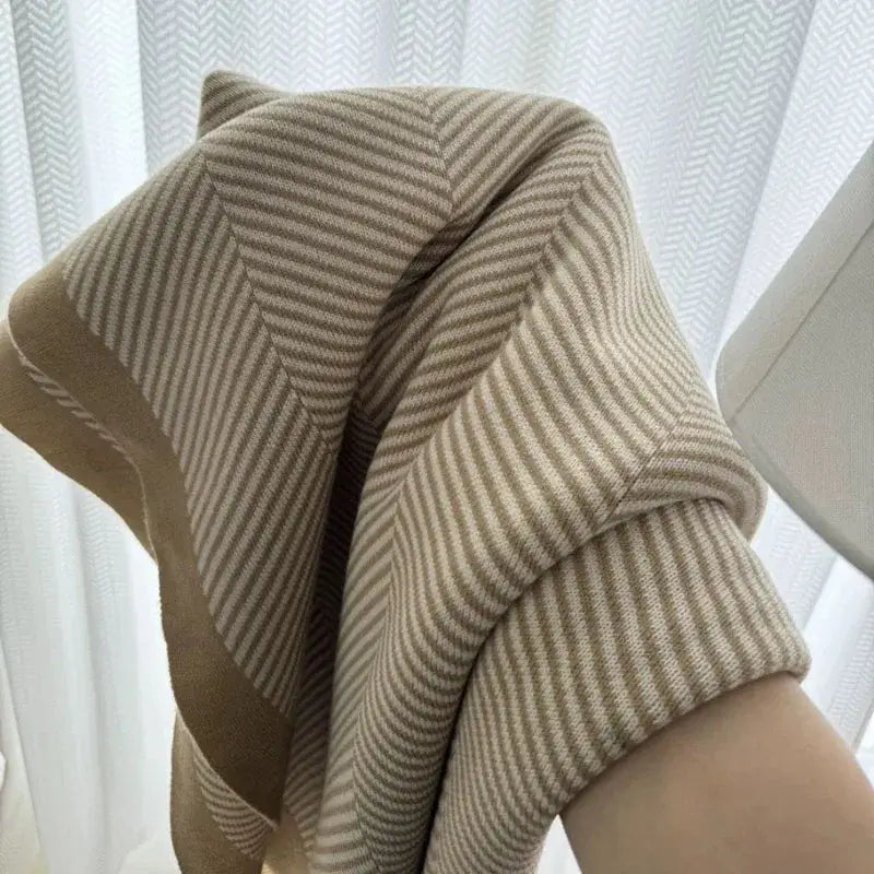 Beige & cream herringbone cozy striped blanket living room throw