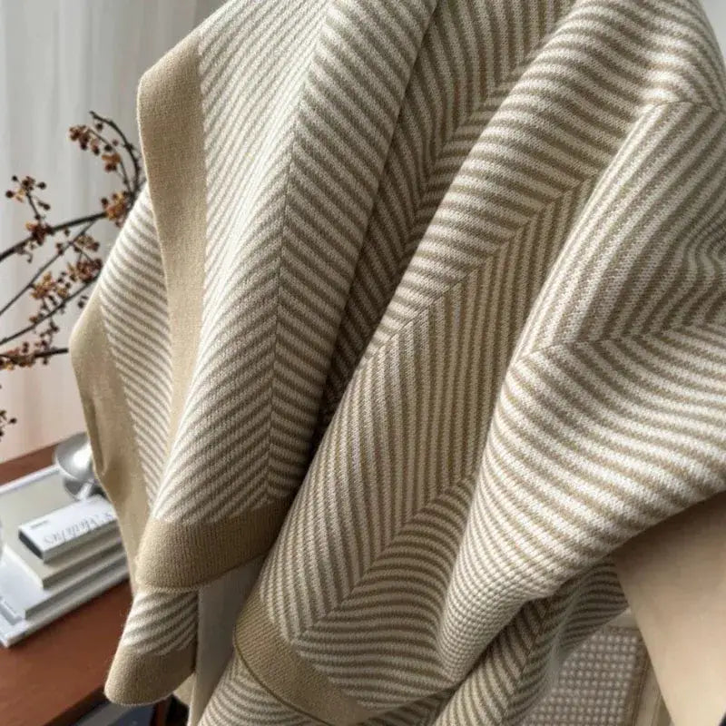 Beige & cream herringbone cozy striped blanket living room throw