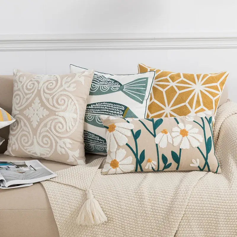 Beige daisy floral geometric pillow cover living room decor