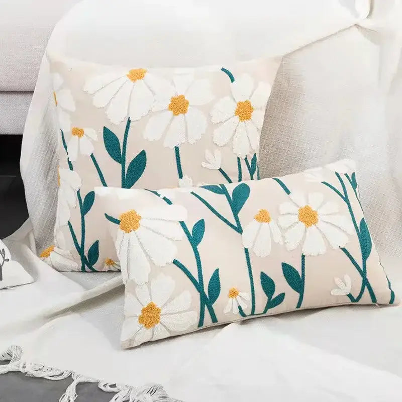 Beige daisy floral geometric pillow cover living room decor