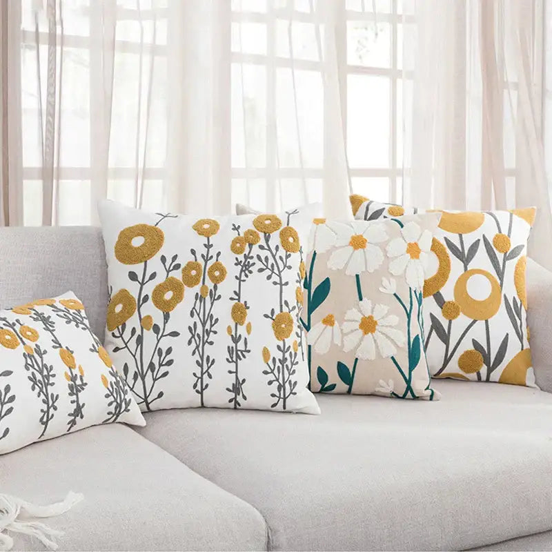 Beige daisy floral geometric pillow cover living room decor