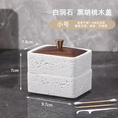 Beige & dark wood double decker natural stone jewelry organizer bathroom storage