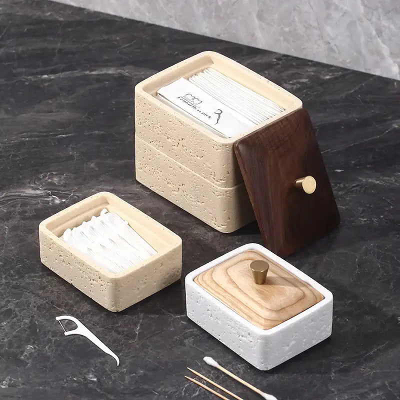 Beige & dark wood double decker natural stone jewelry organizer bathroom storage