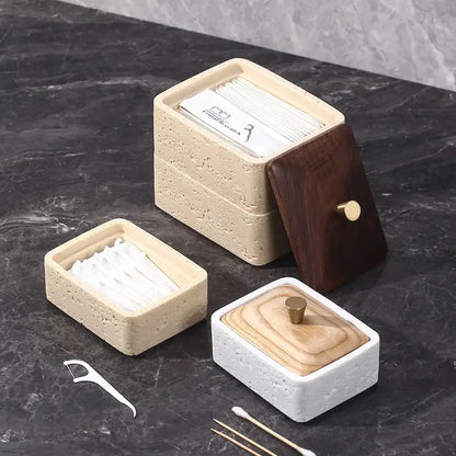 Beige & dark wood double decker natural stone jewelry organizer bathroom storage
